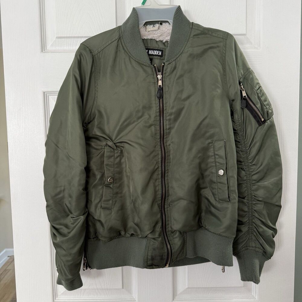 STEVE MADDEN Y2k Bomber Satin jacket Full Zip Faux Fur Lining Size Small